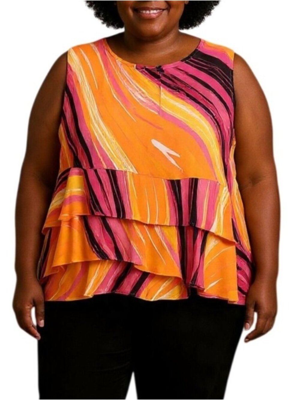 Ashley Stewart Plus Size 22/24 Top Multicolor Layered Ruffle Sleeveless Blouse